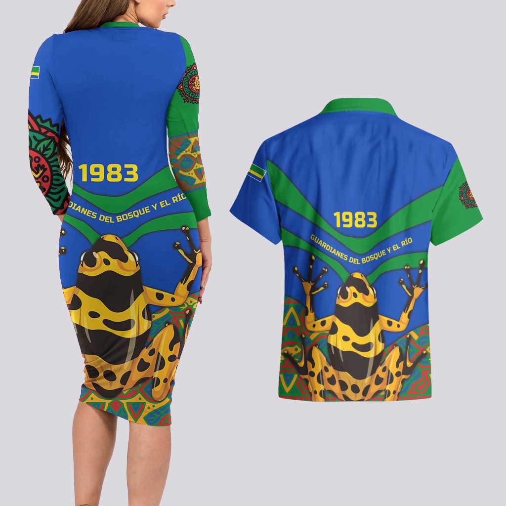 Indigenous Regions of Panama Embera-Wounaan Couples Matching Long Sleeve Bodycon Dress and Hawaiian Shirt Frog Graphic and Indigenous Pattern Guardians of the Forest - Wonder Print Shop