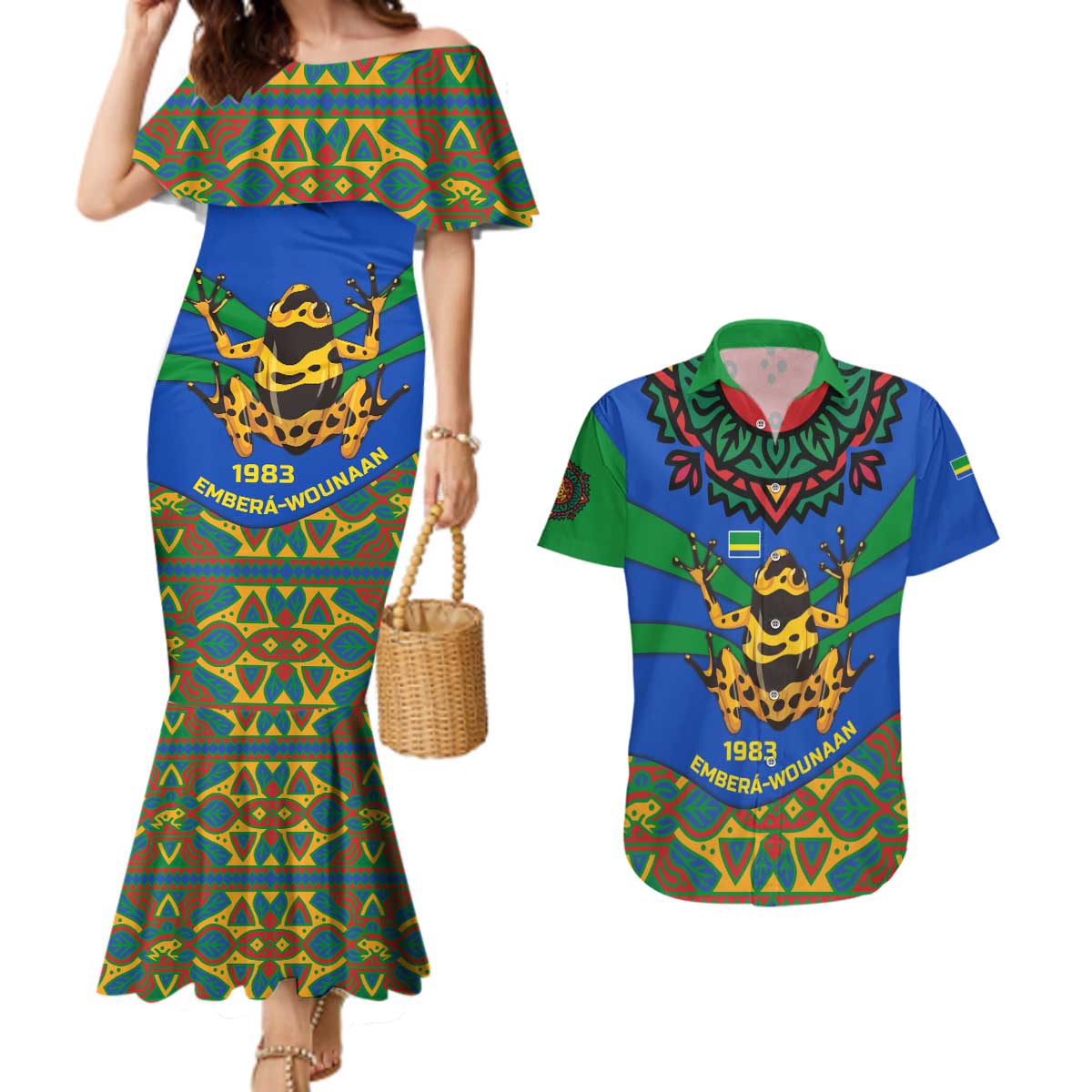 Indigenous Regions of Panama Embera-Wounaan Couples Matching Mermaid Dress and Hawaiian Shirt Frog Graphic and Indigenous Pattern Guardians of the Forest - Wonder Print Shop