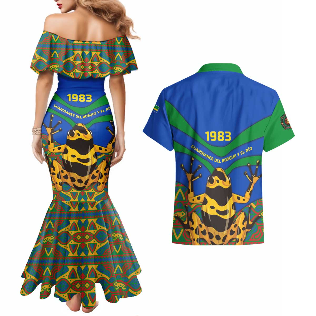 Indigenous Regions of Panama Embera-Wounaan Couples Matching Mermaid Dress and Hawaiian Shirt Frog Graphic and Indigenous Pattern Guardians of the Forest - Wonder Print Shop