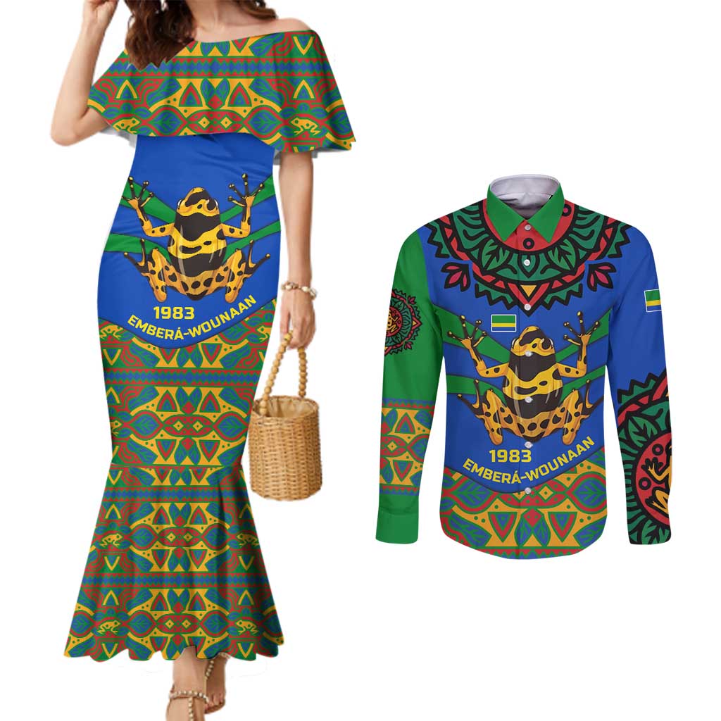 Indigenous Regions of Panama Embera-Wounaan Couples Matching Mermaid Dress and Long Sleeve Button Shirt Frog Graphic and Indigenous Pattern Guardians of the Forest - Wonder Print Shop