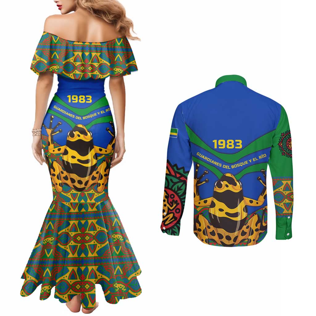 Indigenous Regions of Panama Embera-Wounaan Couples Matching Mermaid Dress and Long Sleeve Button Shirt Frog Graphic and Indigenous Pattern Guardians of the Forest - Wonder Print Shop