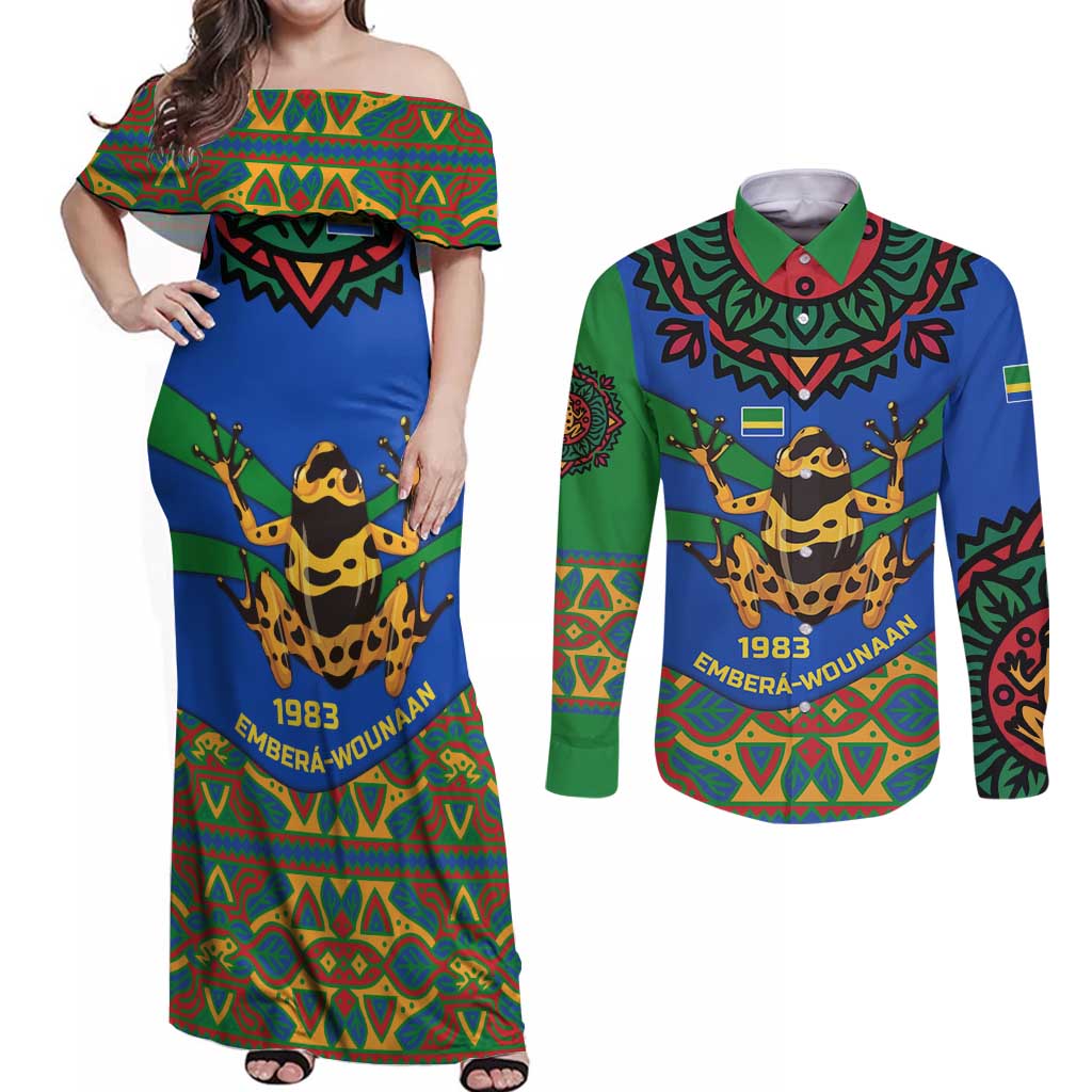 Indigenous Regions of Panama Embera-Wounaan Couples Matching Off Shoulder Maxi Dress and Long Sleeve Button Shirt Frog Graphic and Indigenous Pattern Guardians of the Forest - Wonder Print Shop