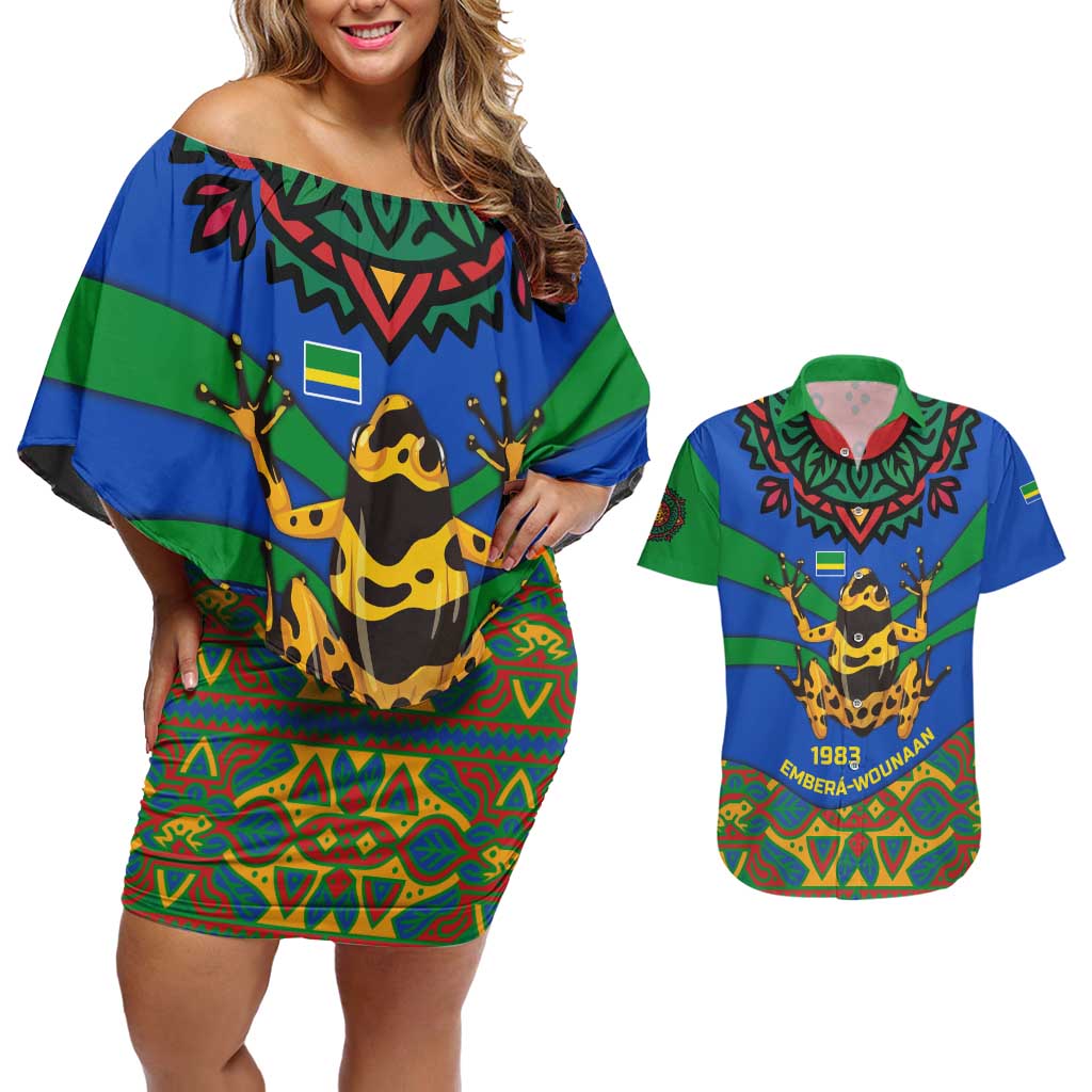 Indigenous Regions of Panama Embera-Wounaan Couples Matching Off Shoulder Short Dress and Hawaiian Shirt Frog Graphic and Indigenous Pattern Guardians of the Forest - Wonder Print Shop