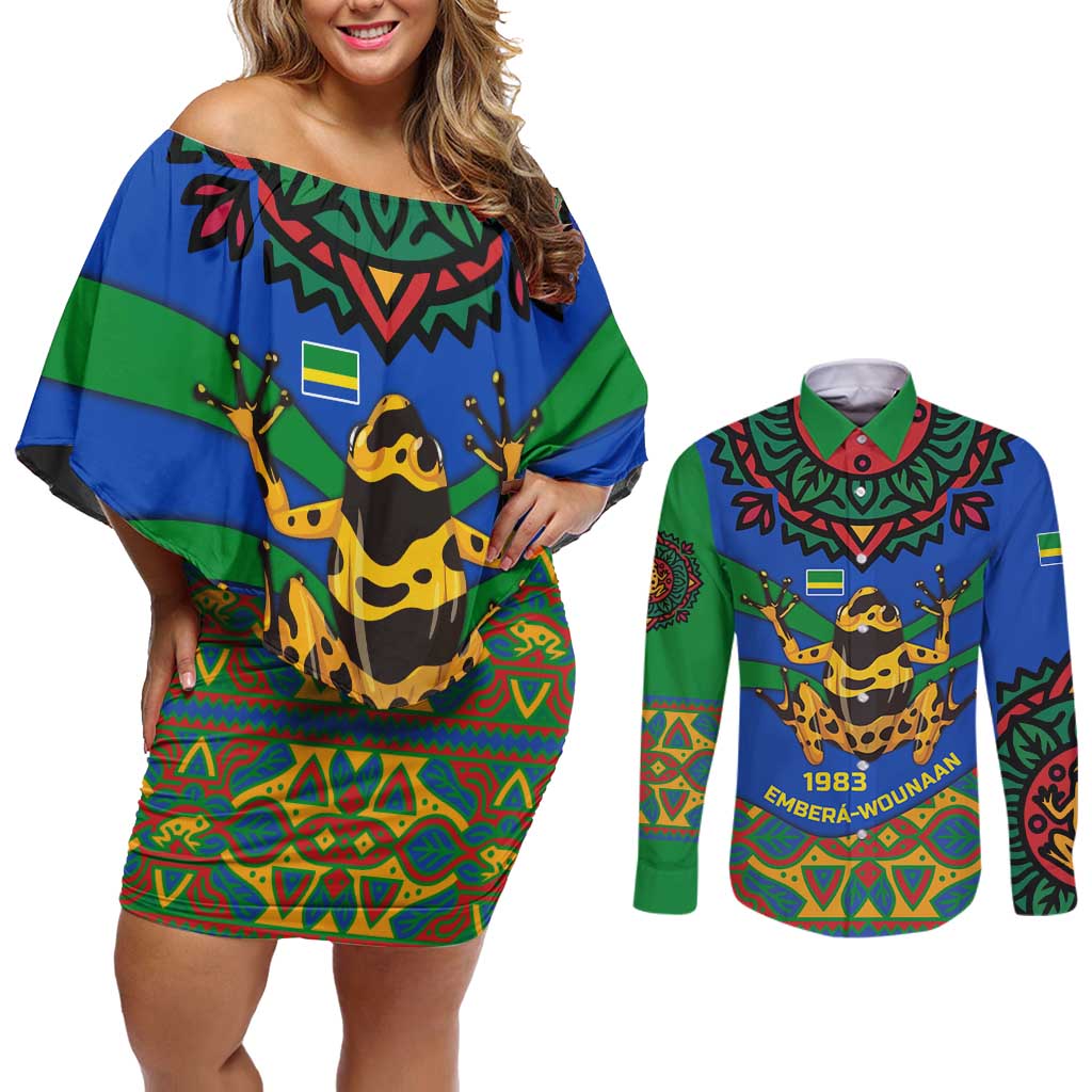 Indigenous Regions of Panama Embera-Wounaan Couples Matching Off Shoulder Short Dress and Long Sleeve Button Shirt Frog Graphic and Indigenous Pattern Guardians of the Forest - Wonder Print Shop