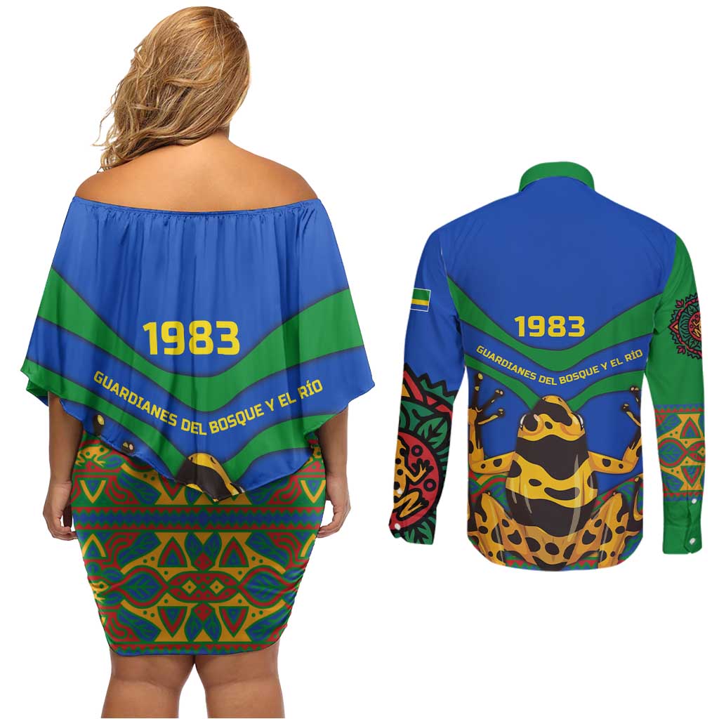 Indigenous Regions of Panama Embera-Wounaan Couples Matching Off Shoulder Short Dress and Long Sleeve Button Shirt Frog Graphic and Indigenous Pattern Guardians of the Forest - Wonder Print Shop