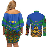 Indigenous Regions of Panama Embera-Wounaan Couples Matching Off Shoulder Short Dress and Long Sleeve Button Shirt Frog Graphic and Indigenous Pattern Guardians of the Forest - Wonder Print Shop