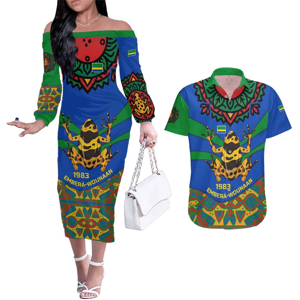 Indigenous Regions of Panama Embera-Wounaan Couples Matching Off The Shoulder Long Sleeve Dress and Hawaiian Shirt Frog Graphic and Indigenous Pattern Guardians of the Forest - Wonder Print Shop