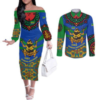 Indigenous Regions of Panama Embera-Wounaan Couples Matching Off The Shoulder Long Sleeve Dress and Long Sleeve Button Shirt Frog Graphic and Indigenous Pattern Guardians of the Forest - Wonder Print Shop