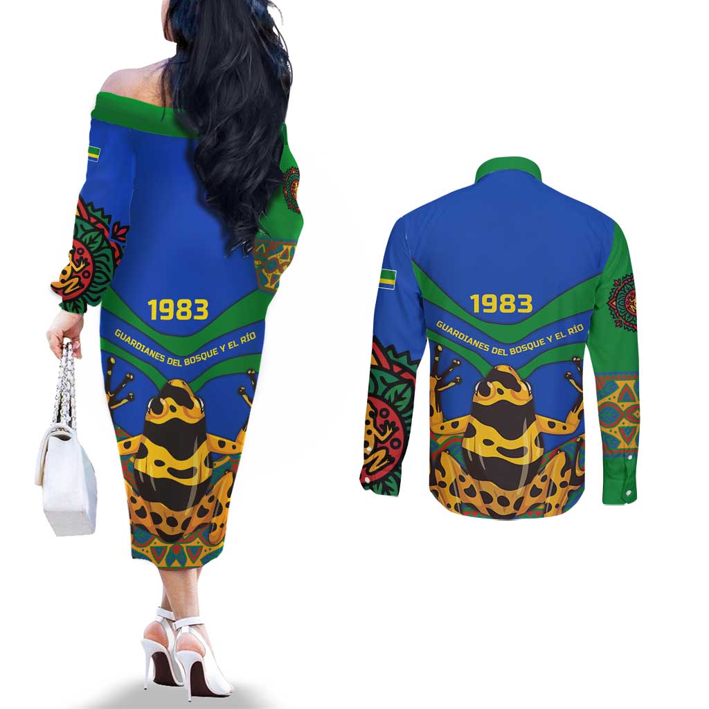 Indigenous Regions of Panama Embera-Wounaan Couples Matching Off The Shoulder Long Sleeve Dress and Long Sleeve Button Shirt Frog Graphic and Indigenous Pattern Guardians of the Forest - Wonder Print Shop