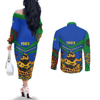 Indigenous Regions of Panama Embera-Wounaan Couples Matching Off The Shoulder Long Sleeve Dress and Long Sleeve Button Shirt Frog Graphic and Indigenous Pattern Guardians of the Forest - Wonder Print Shop