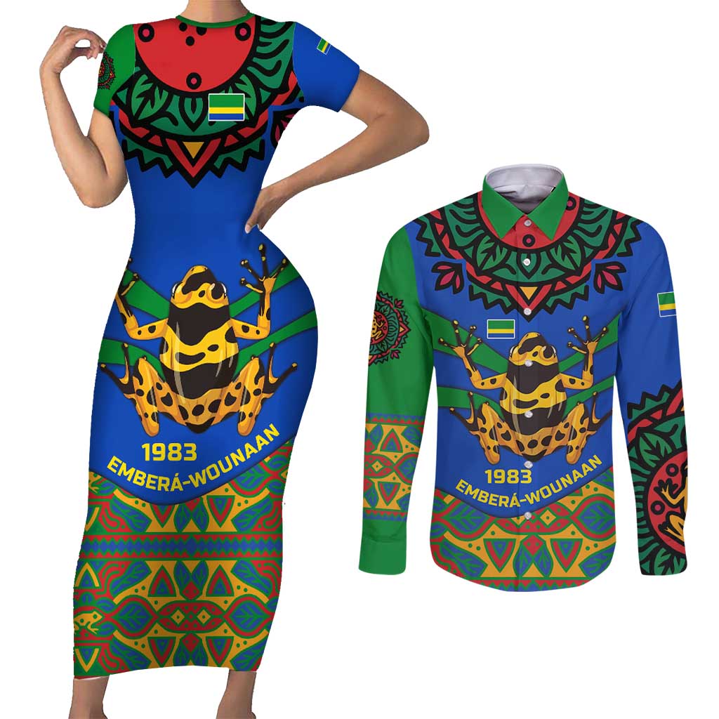 Indigenous Regions of Panama Embera-Wounaan Couples Matching Short Sleeve Bodycon Dress and Long Sleeve Button Shirt Frog Graphic and Indigenous Pattern Guardians of the Forest - Wonder Print Shop