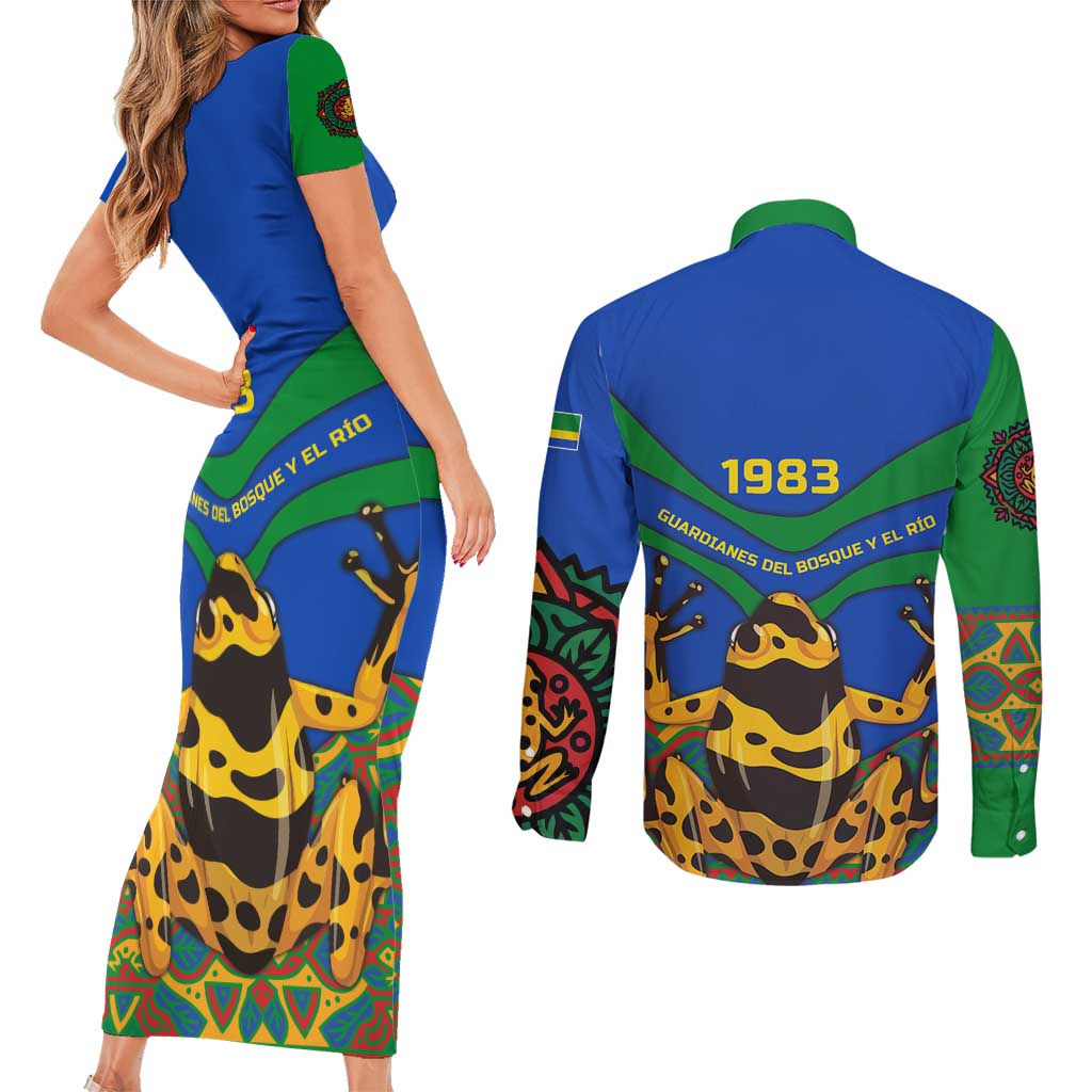 Indigenous Regions of Panama Embera-Wounaan Couples Matching Short Sleeve Bodycon Dress and Long Sleeve Button Shirt Frog Graphic and Indigenous Pattern Guardians of the Forest - Wonder Print Shop
