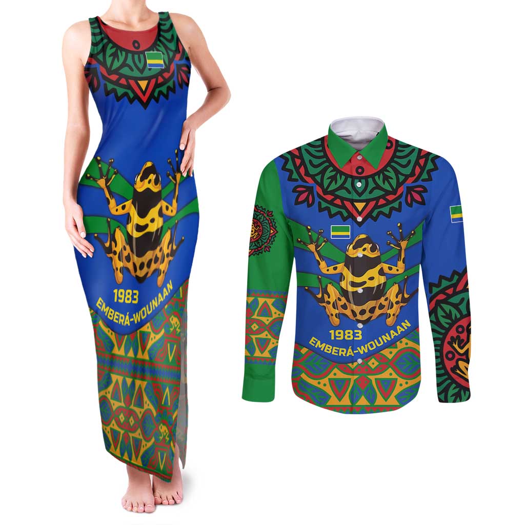 Indigenous Regions of Panama Embera-Wounaan Couples Matching Tank Maxi Dress and Long Sleeve Button Shirt Frog Graphic and Indigenous Pattern Guardians of the Forest - Wonder Print Shop