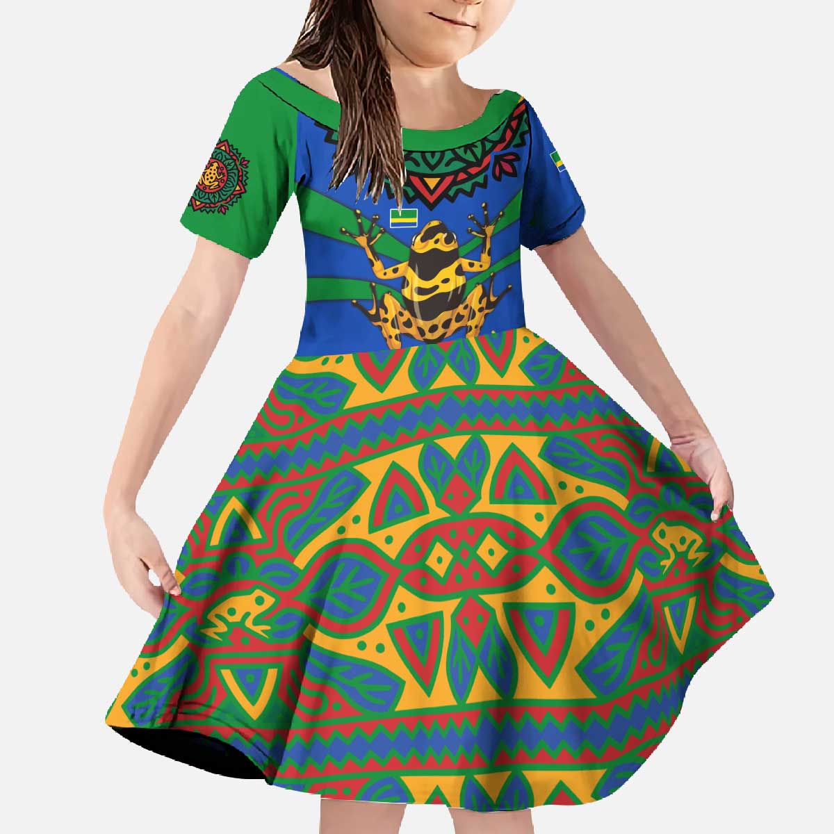 Indigenous Regions of Panama Embera-Wounaan Family Matching Off The Shoulder Long Sleeve Dress and Hawaiian Shirt Frog Graphic and Indigenous Pattern Guardians of the Forest - Wonder Print Shop