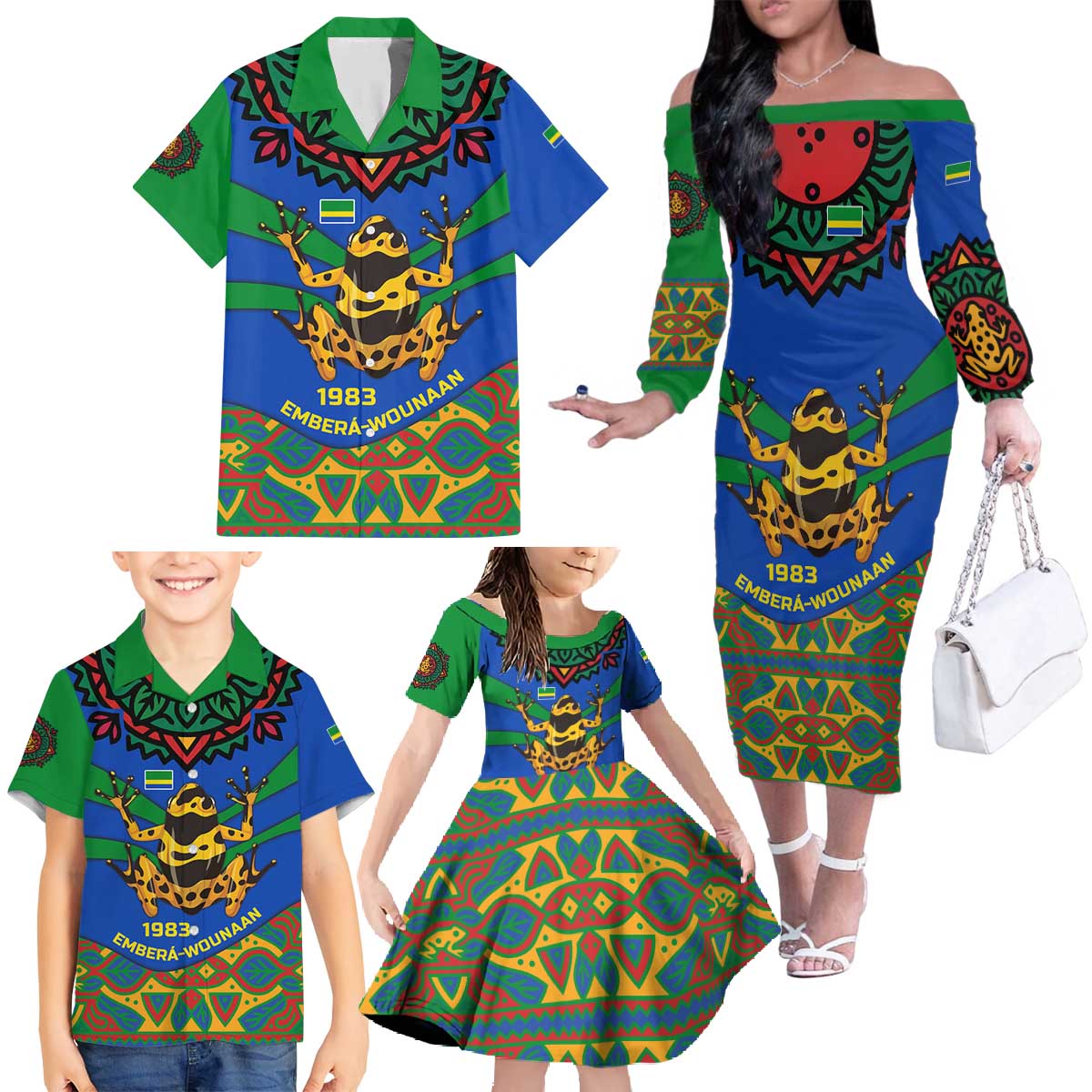 Indigenous Regions of Panama Embera-Wounaan Family Matching Off The Shoulder Long Sleeve Dress and Hawaiian Shirt Frog Graphic and Indigenous Pattern Guardians of the Forest - Wonder Print Shop
