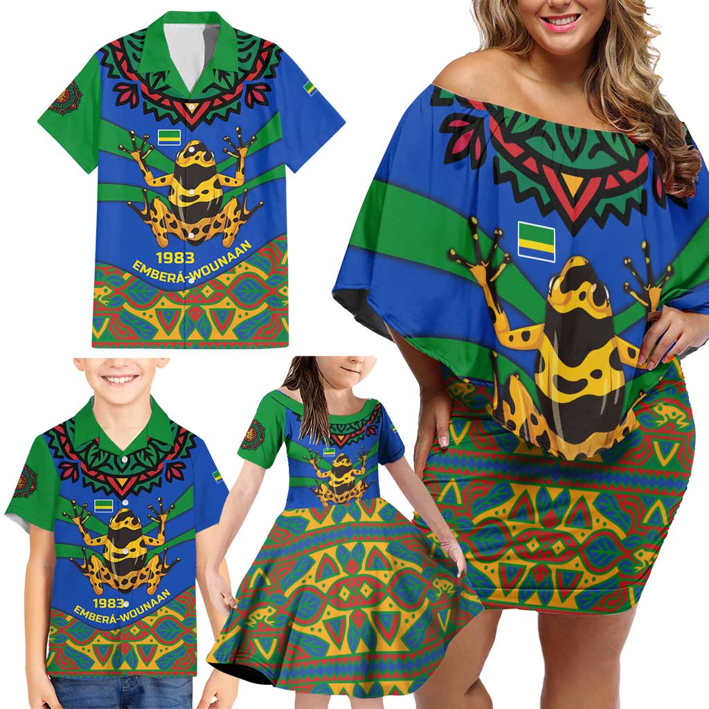 Indigenous Regions of Panama Embera-Wounaan Family Matching Off Shoulder Short Dress and Hawaiian Shirt Frog Graphic and Indigenous Pattern Guardians of the Forest - Wonder Print Shop