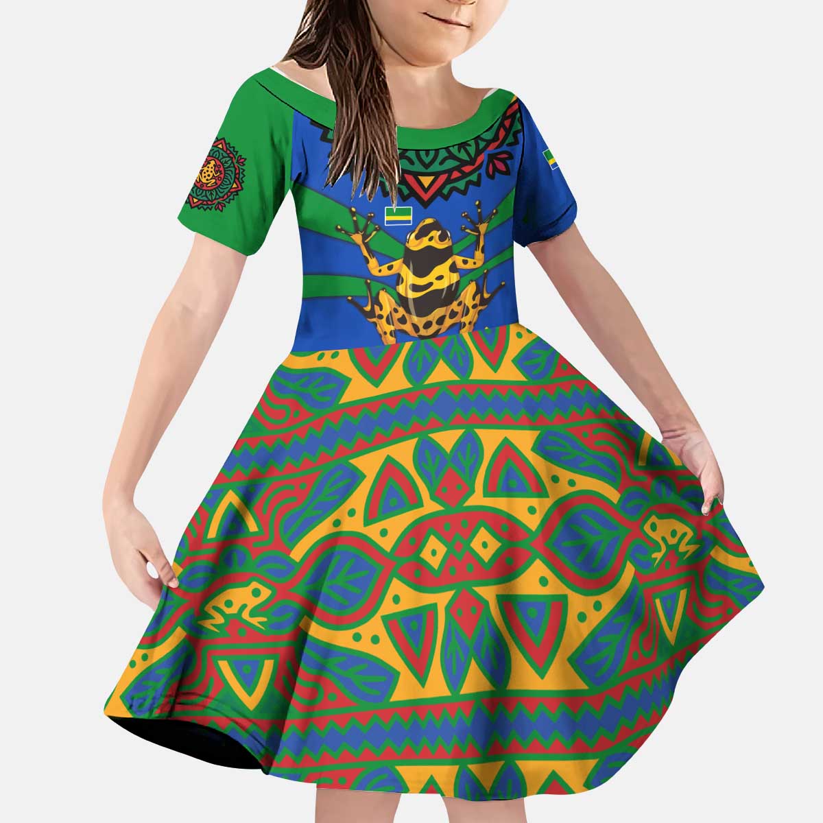 Indigenous Regions of Panama Embera-Wounaan Kid Short Sleeve Dress Frog Graphic and Indigenous Pattern Guardians of the Forest - Wonder Print Shop