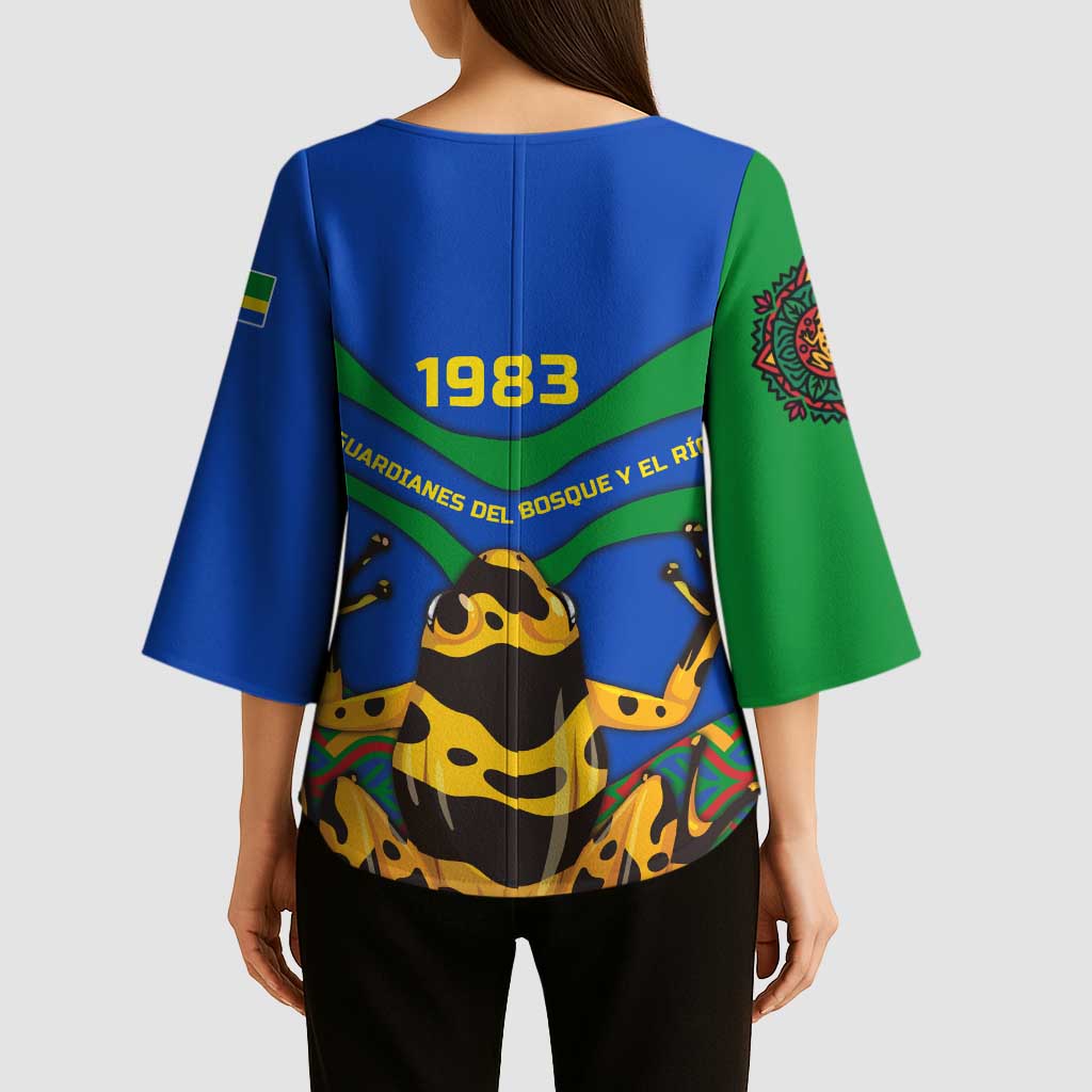 Indigenous Regions of Panama Embera-Wounaan Kimono Sleeve Blouse Frog Graphic and Indigenous Pattern Guardians of the Forest - Wonder Print Shop