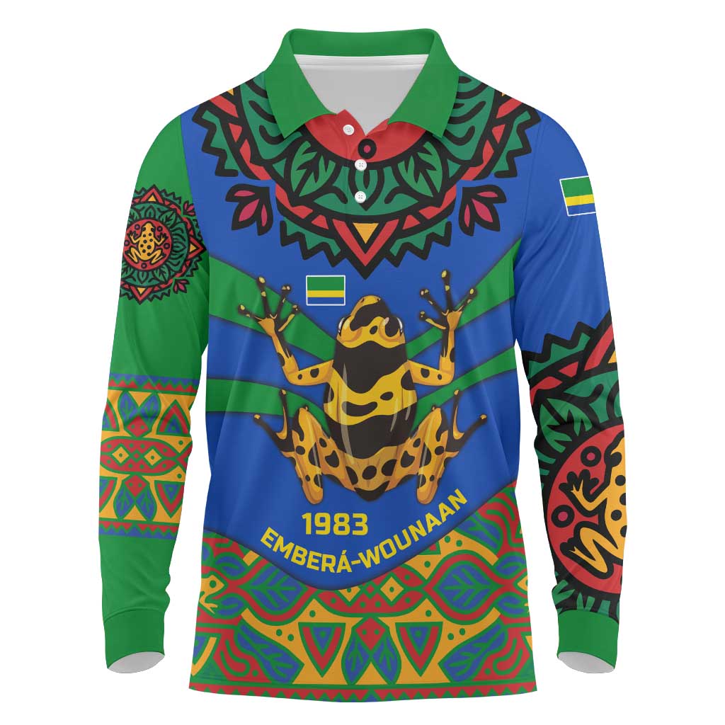 Indigenous Regions of Panama Embera-Wounaan Long Sleeve Polo Shirt Frog Graphic and Indigenous Pattern Guardians of the Forest - Wonder Print Shop