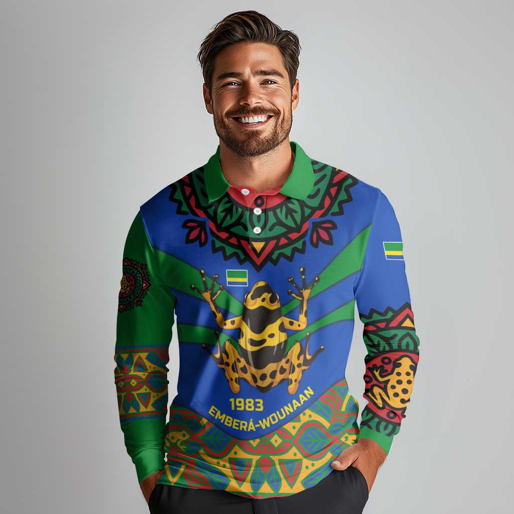Indigenous Regions of Panama Embera-Wounaan Long Sleeve Polo Shirt Frog Graphic and Indigenous Pattern Guardians of the Forest - Wonder Print Shop