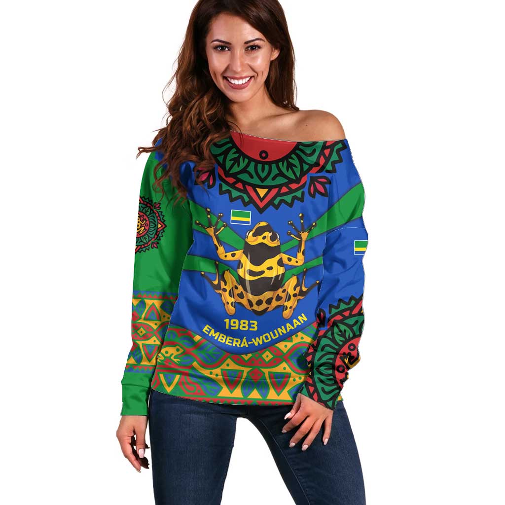 Indigenous Regions of Panama Embera-Wounaan Off Shoulder Sweater Frog Graphic and Indigenous Pattern Guardians of the Forest - Wonder Print Shop