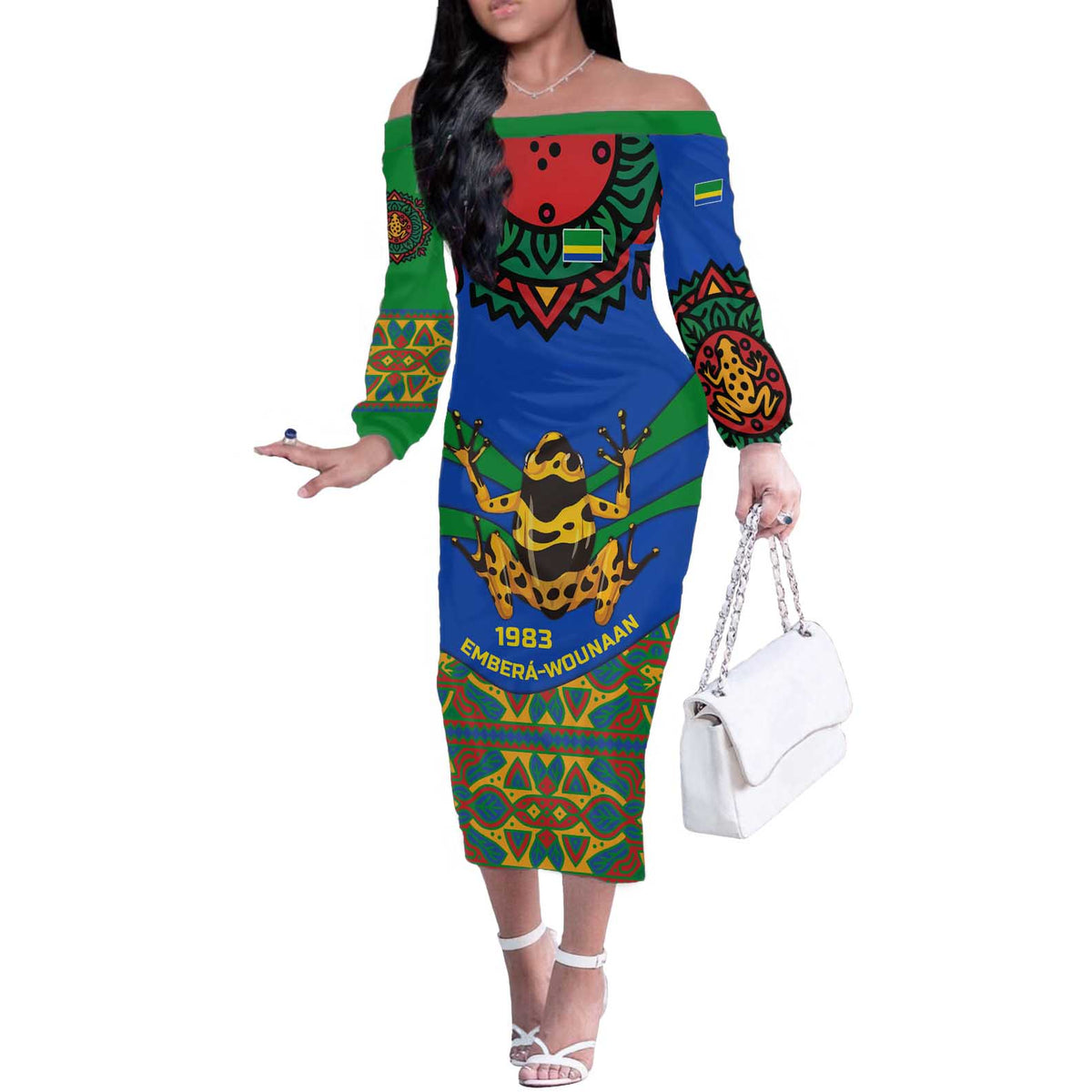 Indigenous Regions of Panama Embera-Wounaan Off The Shoulder Long Sleeve Dress Frog Graphic and Indigenous Pattern Guardians of the Forest - Wonder Print Shop