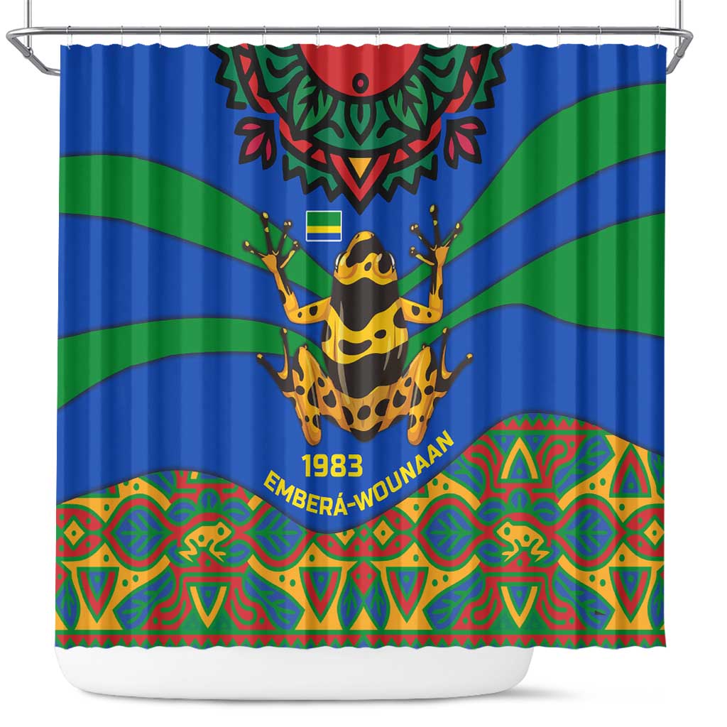 Indigenous Regions of Panama Embera-Wounaan Shower Curtain Frog Graphic and Indigenous Pattern Guardians of the Forest - Wonder Print Shop
