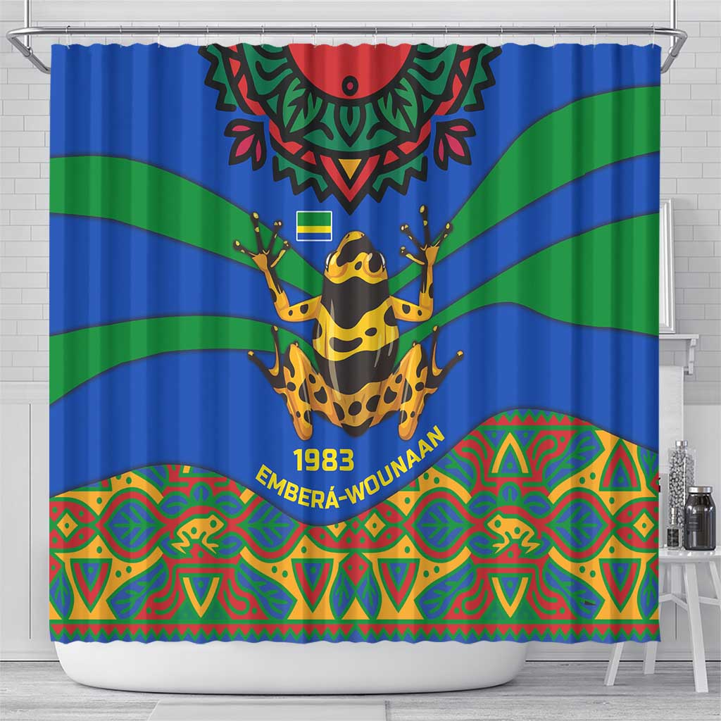 Indigenous Regions of Panama Embera-Wounaan Shower Curtain Frog Graphic and Indigenous Pattern Guardians of the Forest - Wonder Print Shop