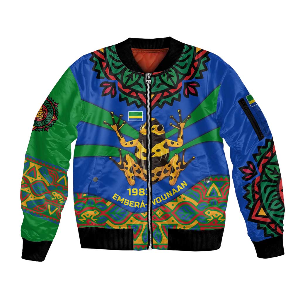 Indigenous Regions of Panama Embera-Wounaan Sleeve Zip Bomber Jacket Frog Graphic and Indigenous Pattern Guardians of the Forest - Wonder Print Shop