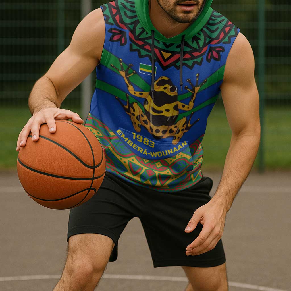 Indigenous Regions of Panama Embera-Wounaan Sleeveless Hoodie Frog Graphic and Indigenous Pattern Guardians of the Forest - Wonder Print Shop