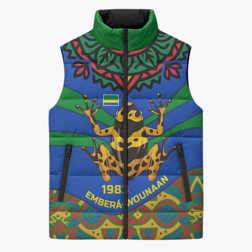 Indigenous Regions of Panama Embera-Wounaan Sleeveless Puffer Jacket Frog Graphic and Indigenous Pattern Guardians of the Forest - Wonder Print Shop
