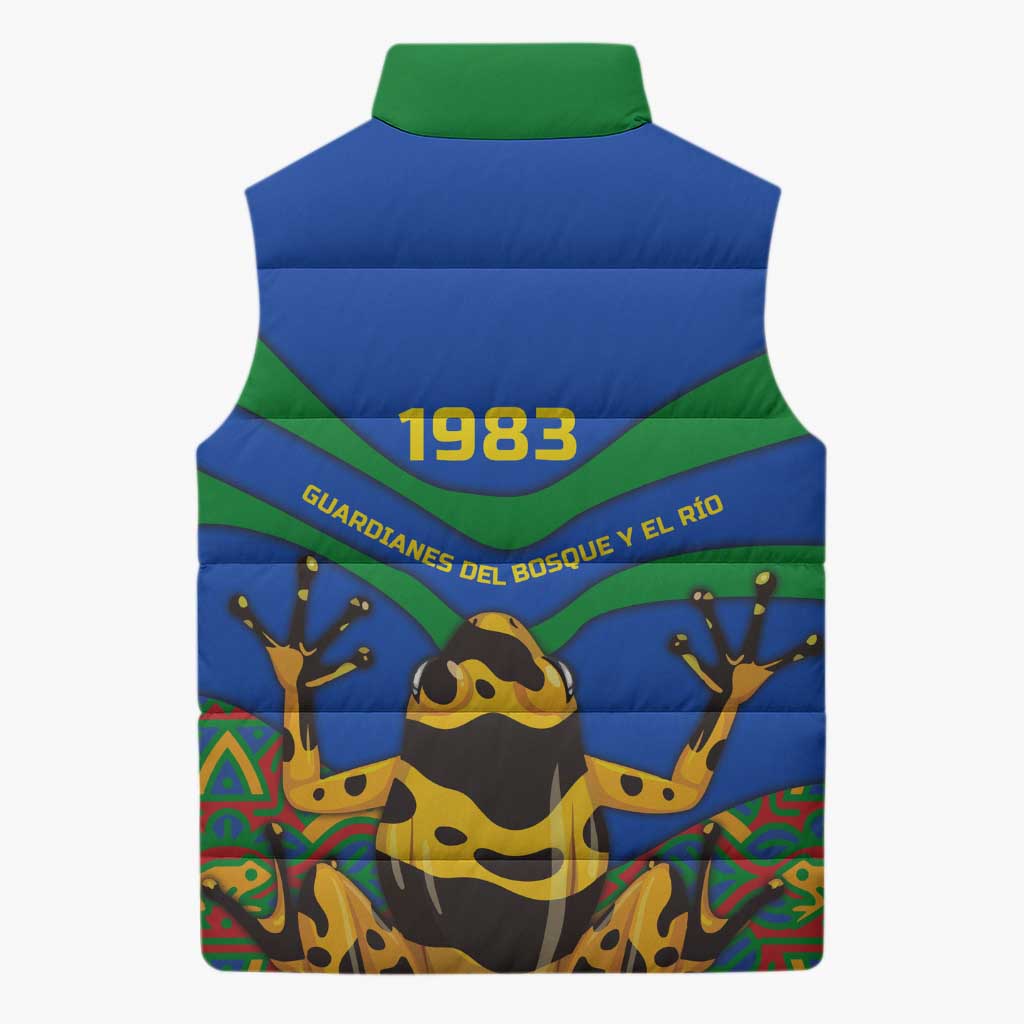 Indigenous Regions of Panama Embera-Wounaan Sleeveless Puffer Jacket Frog Graphic and Indigenous Pattern Guardians of the Forest - Wonder Print Shop