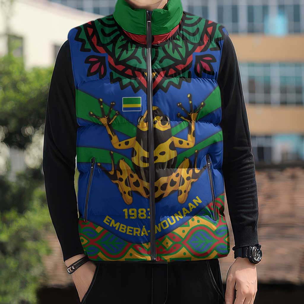 Indigenous Regions of Panama Embera-Wounaan Sleeveless Puffer Jacket Frog Graphic and Indigenous Pattern Guardians of the Forest - Wonder Print Shop