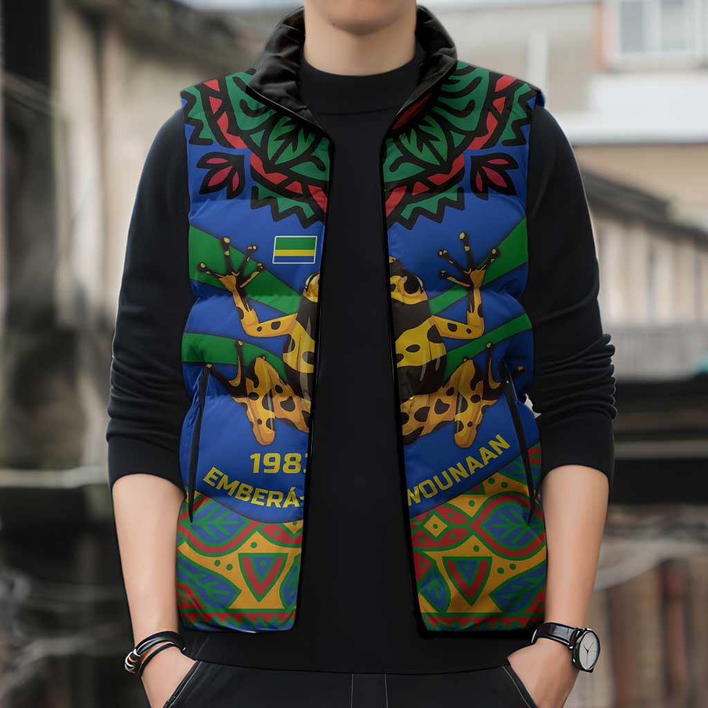 Indigenous Regions of Panama Embera-Wounaan Sleeveless Puffer Jacket Frog Graphic and Indigenous Pattern Guardians of the Forest - Wonder Print Shop