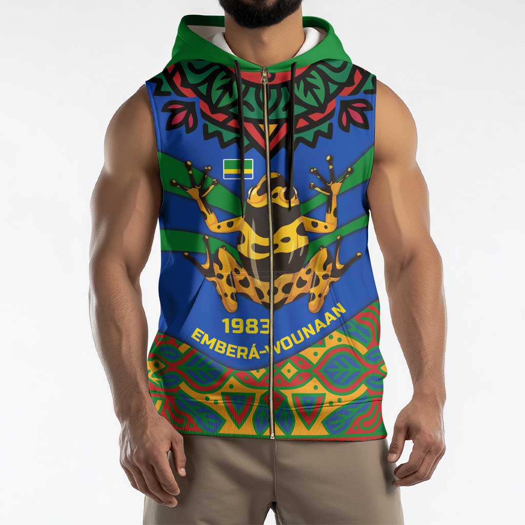 Indigenous Regions of Panama Embera-Wounaan Sleeveless Zip Hoodie Frog Graphic and Indigenous Pattern Guardians of the Forest - Wonder Print Shop