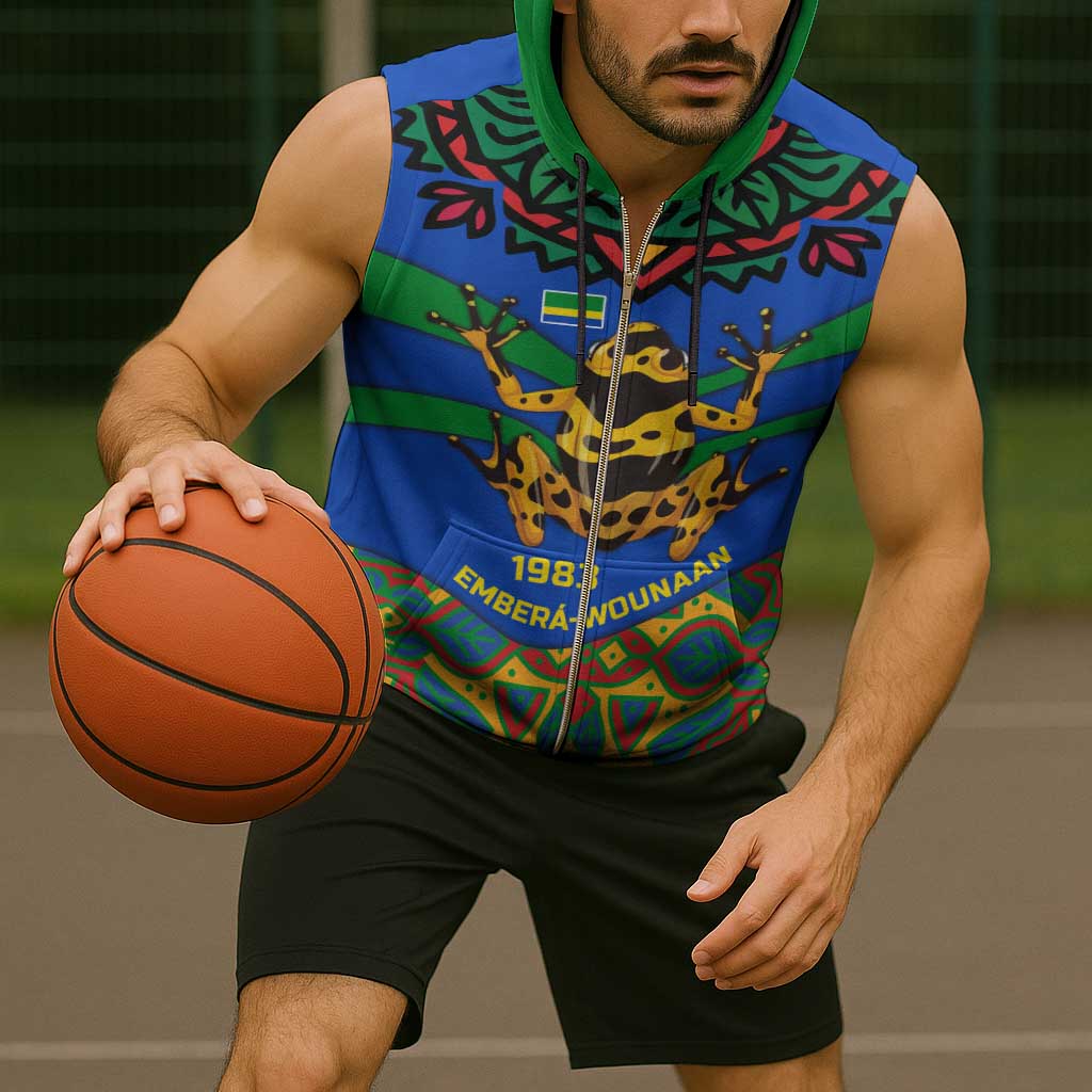 Indigenous Regions of Panama Embera-Wounaan Sleeveless Zip Hoodie Frog Graphic and Indigenous Pattern Guardians of the Forest - Wonder Print Shop