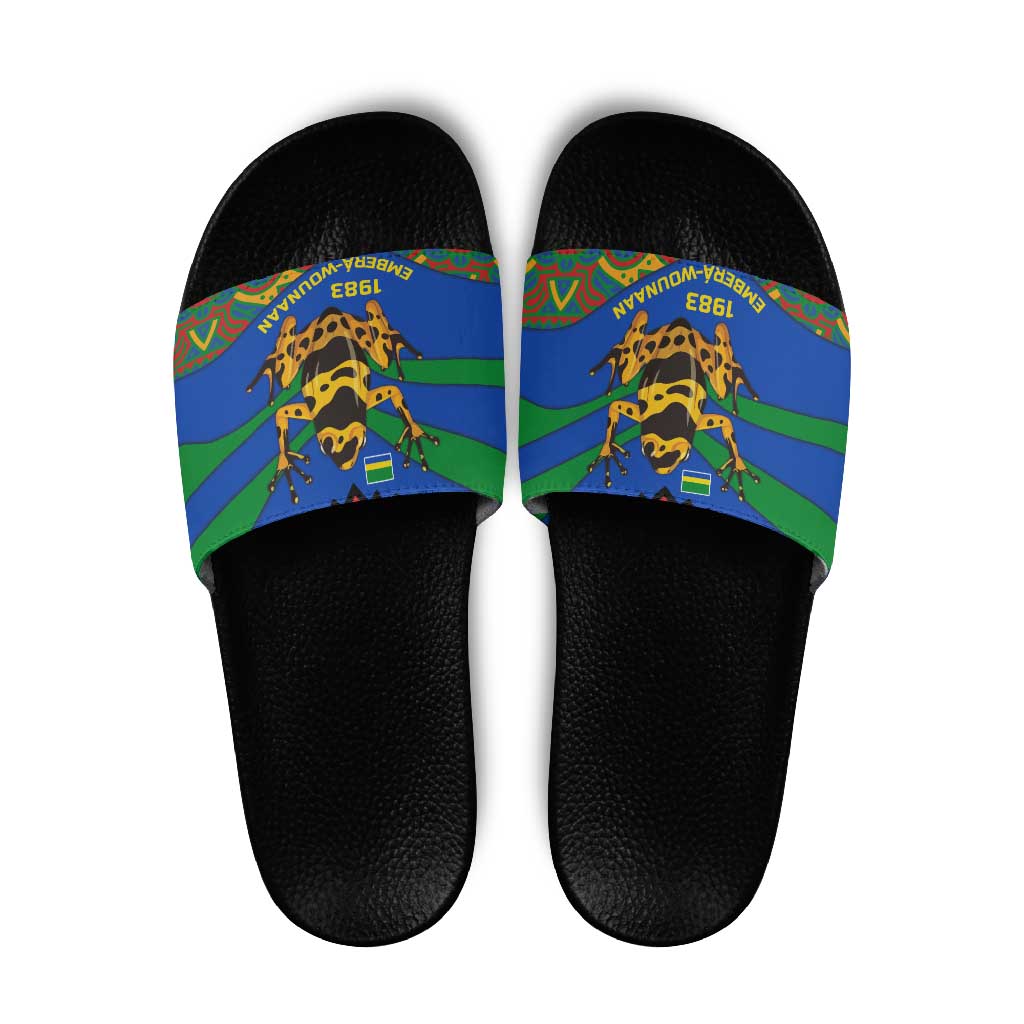 Indigenous Regions of Panama Embera-Wounaan Slide Sandals Frog Graphic and Indigenous Pattern Guardians of the Forest - Wonder Print Shop