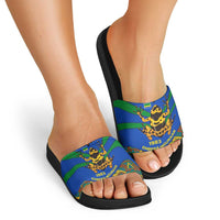 Indigenous Regions of Panama Embera-Wounaan Slide Sandals Frog Graphic and Indigenous Pattern Guardians of the Forest - Wonder Print Shop