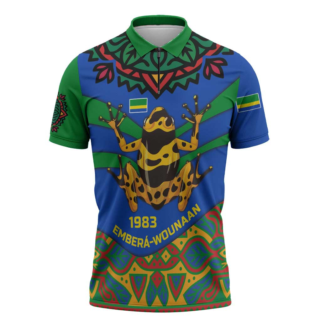 Indigenous Regions of Panama Embera-Wounaan Zipper Polo Shirt Frog Graphic and Indigenous Pattern Guardians of the Forest - Wonder Print Shop