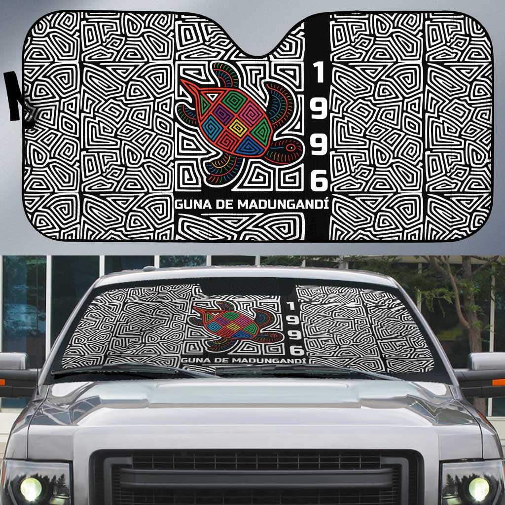 Indigenous Regions of Panama Guna de Madungandí Auto Sun Shade with Colorful Turtle and Black White Geometric Pattern - Wonder Print Shop