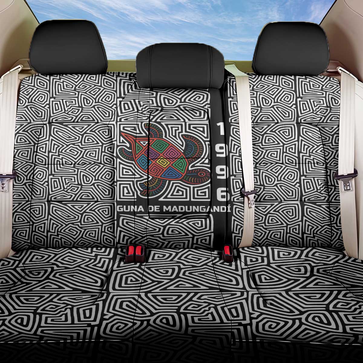 Indigenous Regions of Panama Guna de Madungandí Back Car Seat Cover with Colorful Turtle and Black White Geometric Pattern - Wonder Print Shop