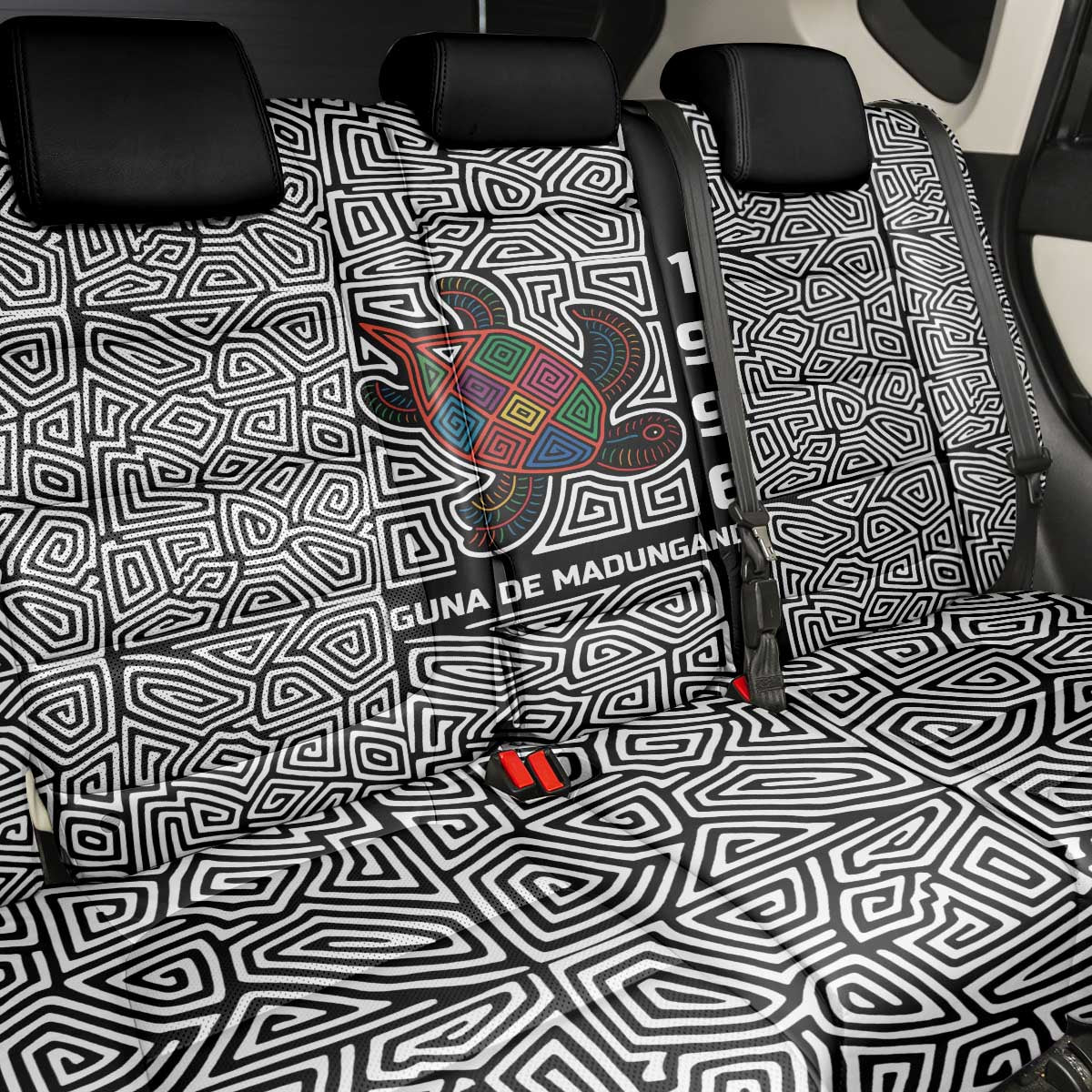 Indigenous Regions of Panama Guna de Madungandí Back Car Seat Cover with Colorful Turtle and Black White Geometric Pattern - Wonder Print Shop