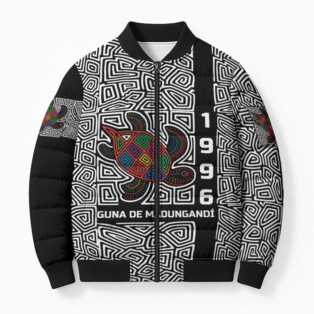 Indigenous Regions of Panama Guna de Madungandí Bomber Puffer Jacket with Colorful Turtle and Black White Geometric Pattern - Wonder Print Shop