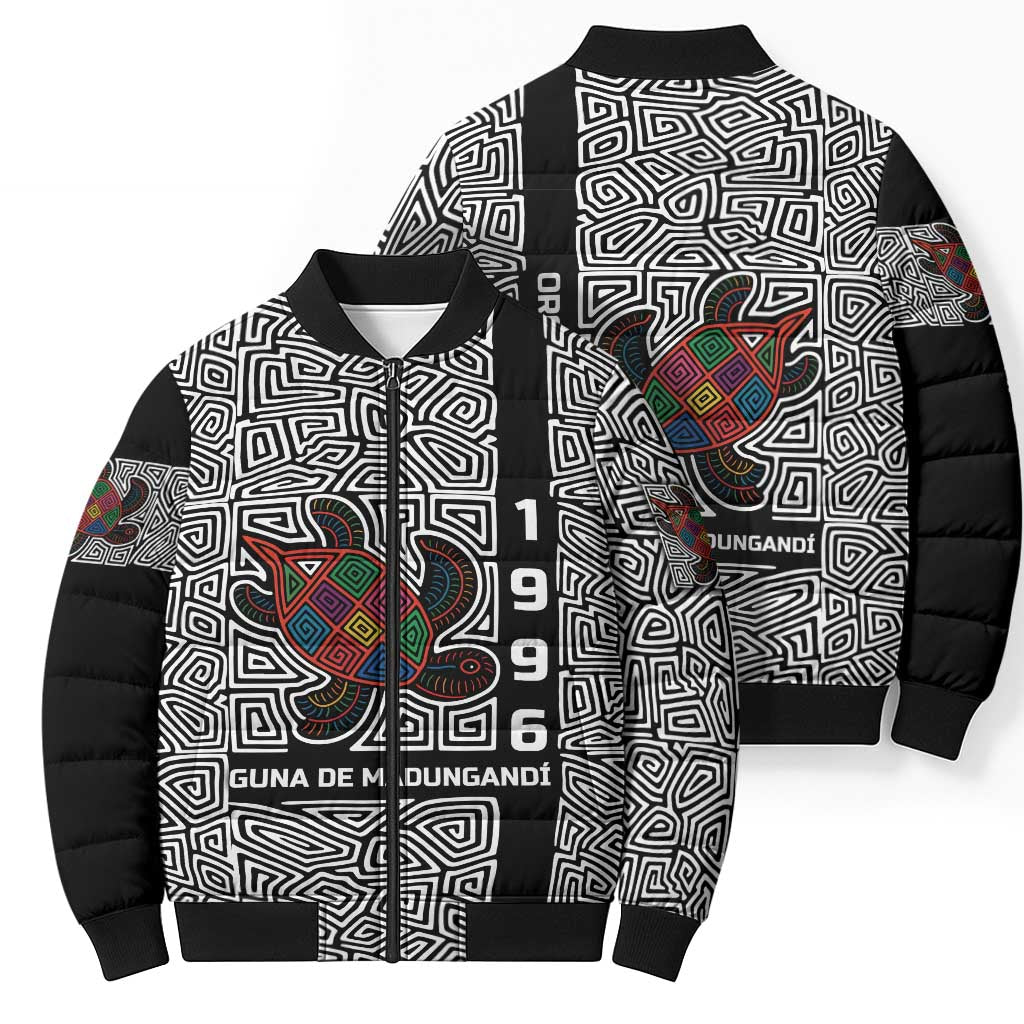Indigenous Regions of Panama Guna de Madungandí Bomber Puffer Jacket with Colorful Turtle and Black White Geometric Pattern - Wonder Print Shop