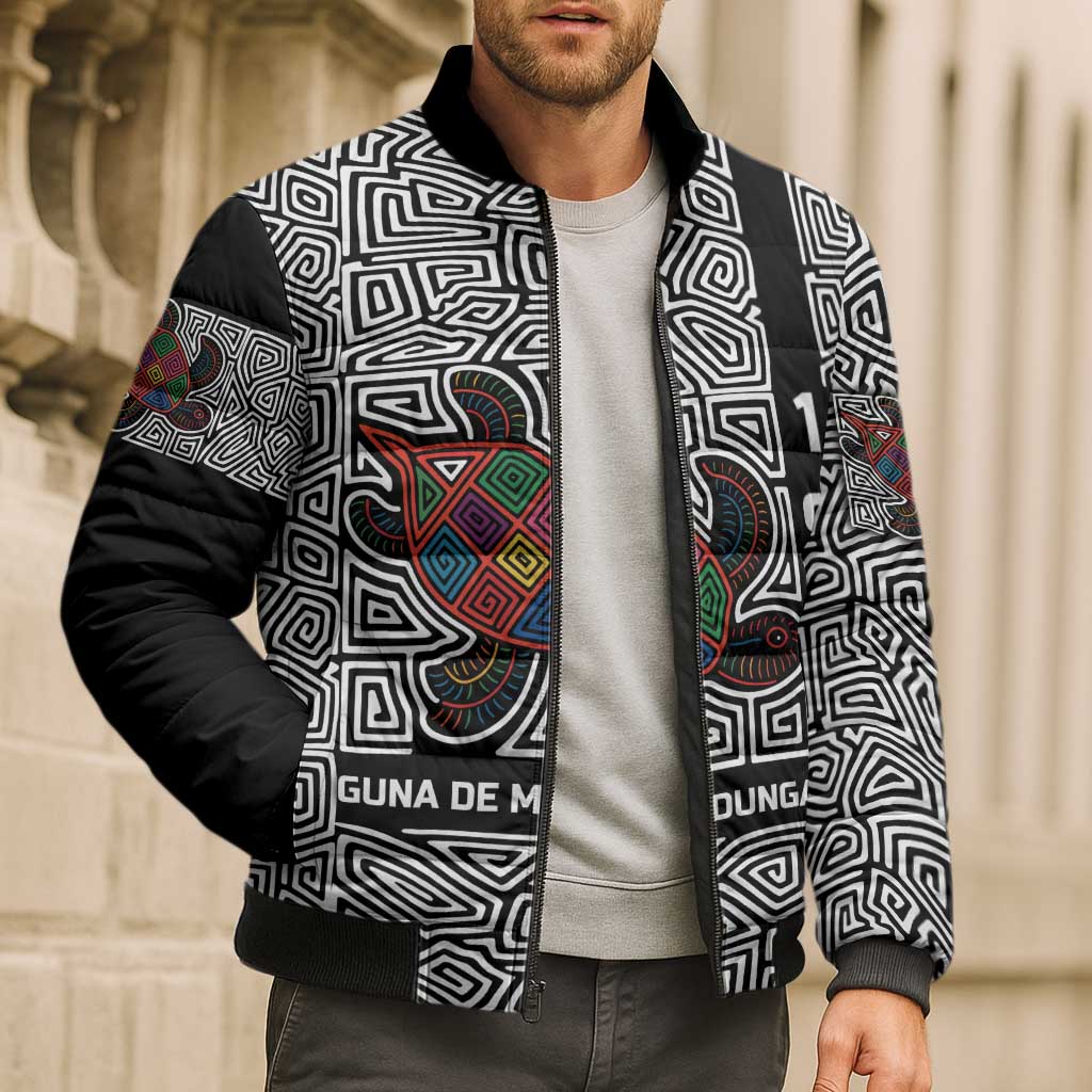 Indigenous Regions of Panama Guna de Madungandí Bomber Puffer Jacket with Colorful Turtle and Black White Geometric Pattern - Wonder Print Shop
