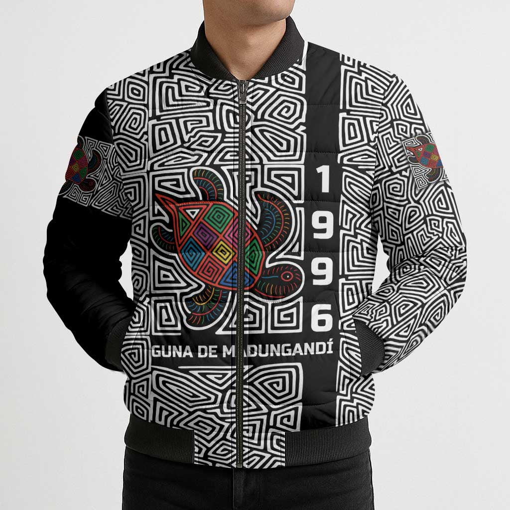 Indigenous Regions of Panama Guna de Madungandí Bomber Puffer Jacket with Colorful Turtle and Black White Geometric Pattern - Wonder Print Shop
