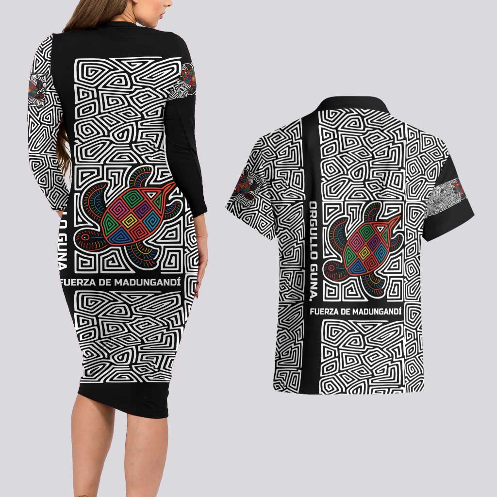 Indigenous Regions of Panama Guna de Madungandí Couples Matching Long Sleeve Bodycon Dress and Hawaiian Shirt with Colorful Turtle and Black White Geometric Pattern - Wonder Print Shop