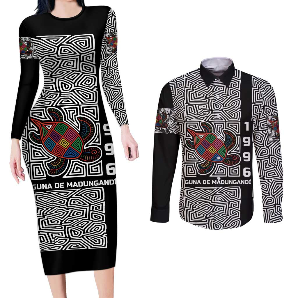 Indigenous Regions of Panama Guna de Madungandí Couples Matching Long Sleeve Bodycon Dress and Long Sleeve Button Shirt with Colorful Turtle and Black White Geometric Pattern - Wonder Print Shop