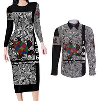 Indigenous Regions of Panama Guna de Madungandí Couples Matching Long Sleeve Bodycon Dress and Long Sleeve Button Shirt with Colorful Turtle and Black White Geometric Pattern - Wonder Print Shop