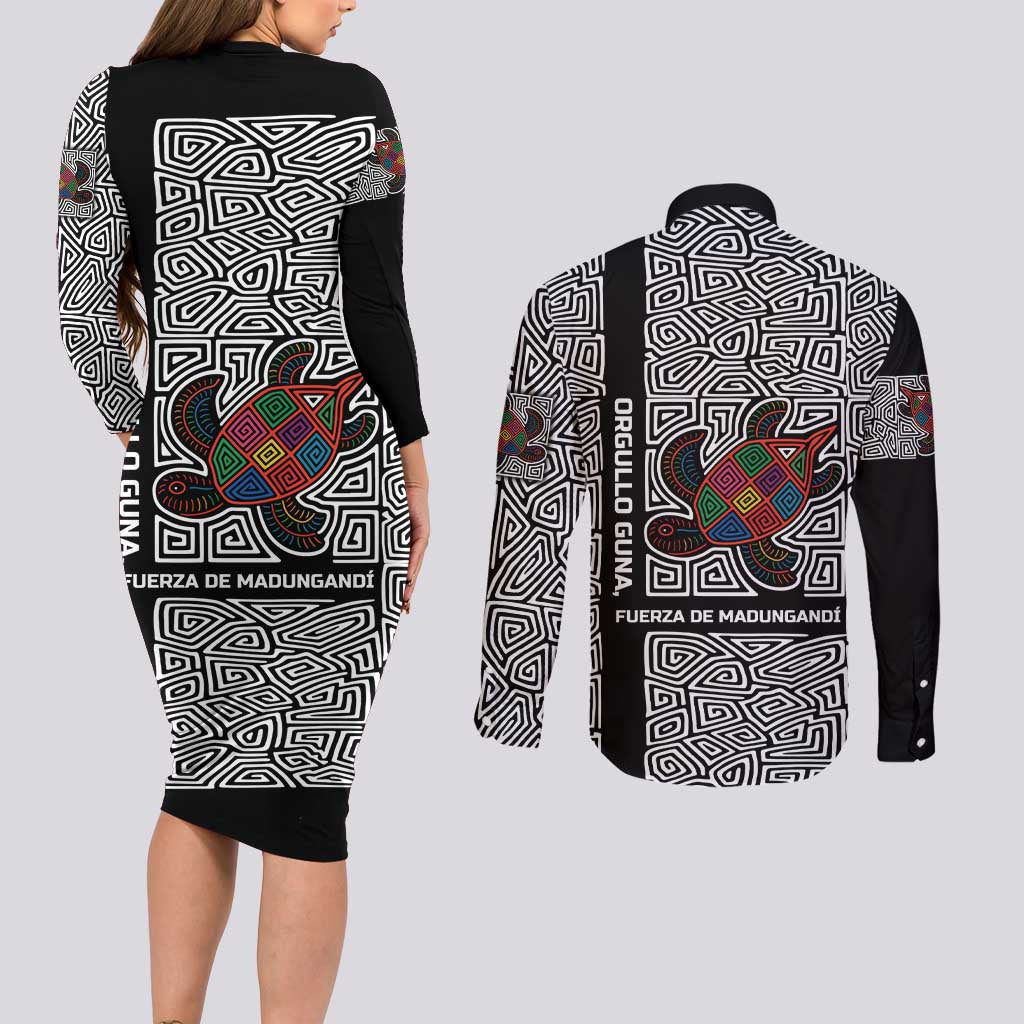 Indigenous Regions of Panama Guna de Madungandí Couples Matching Long Sleeve Bodycon Dress and Long Sleeve Button Shirt with Colorful Turtle and Black White Geometric Pattern - Wonder Print Shop
